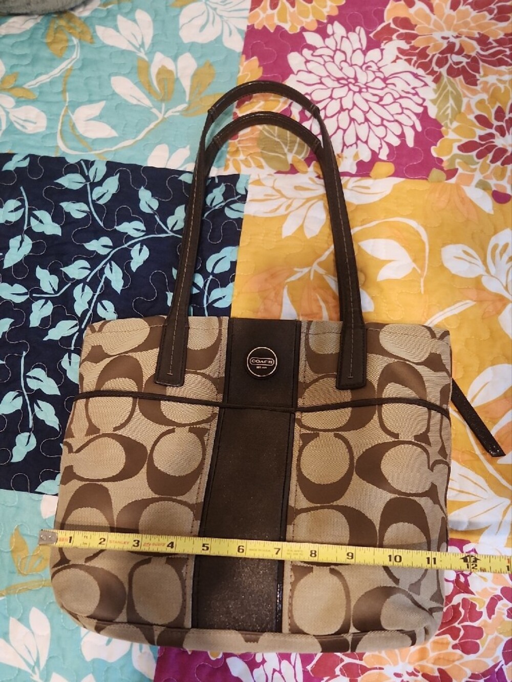 COACH Brown Signature Shoulder Tote with Dark Brown Trim - Picture 14 of 14